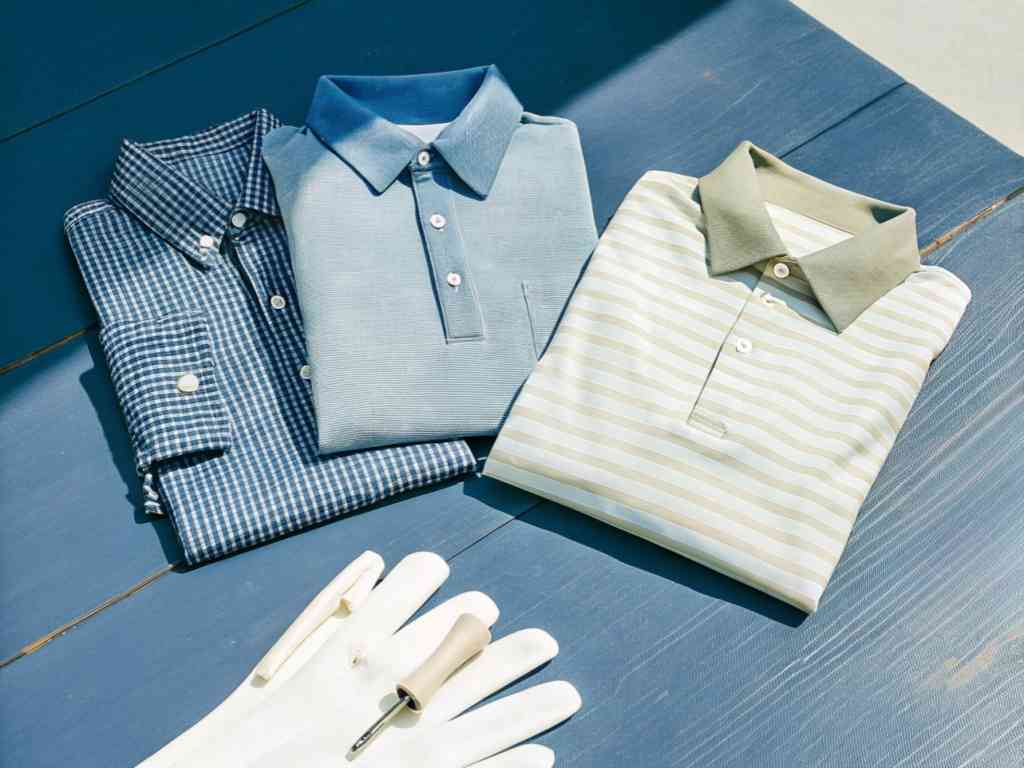 Three folded collared shirts in soft blue tones