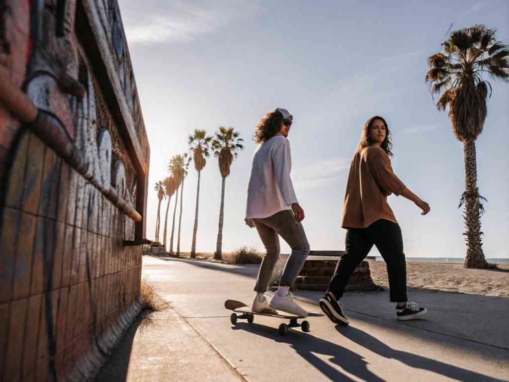 Two women skateboarding and walking along palm-lined beach path