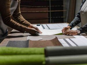 Two people working with fabric patterns on a cutting table