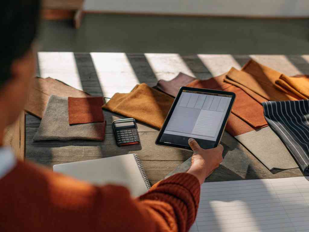 Person analyzing fabric samples with a tablet and notes.