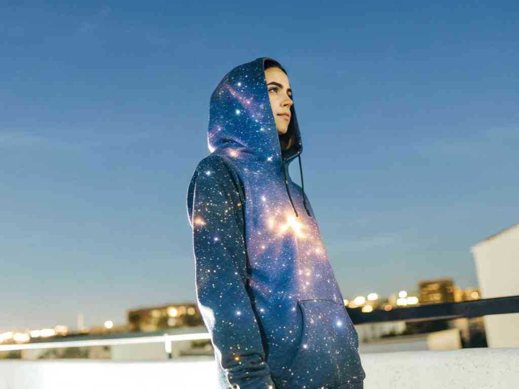 Woman in galaxy print hoodie under evening sky