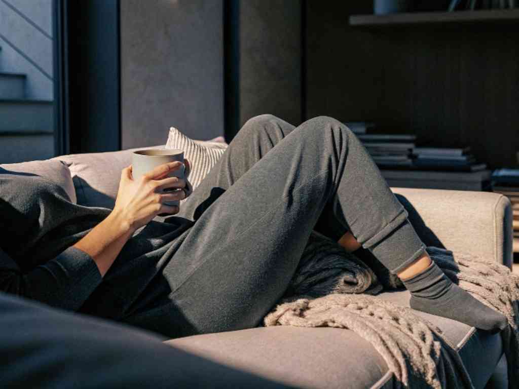 Woman relaxing on sofa in dark loungewear set