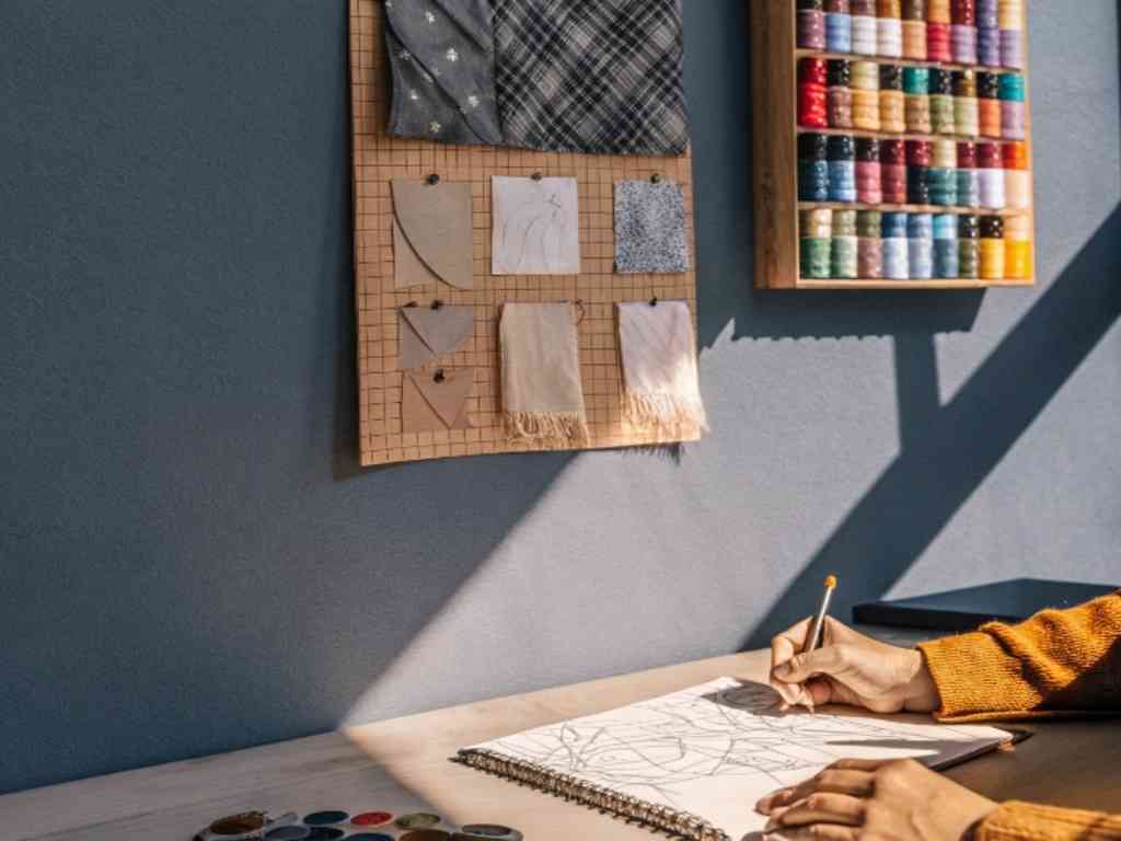 Fashion workspace with fabric swatches, colorful threads, and sketching hand.