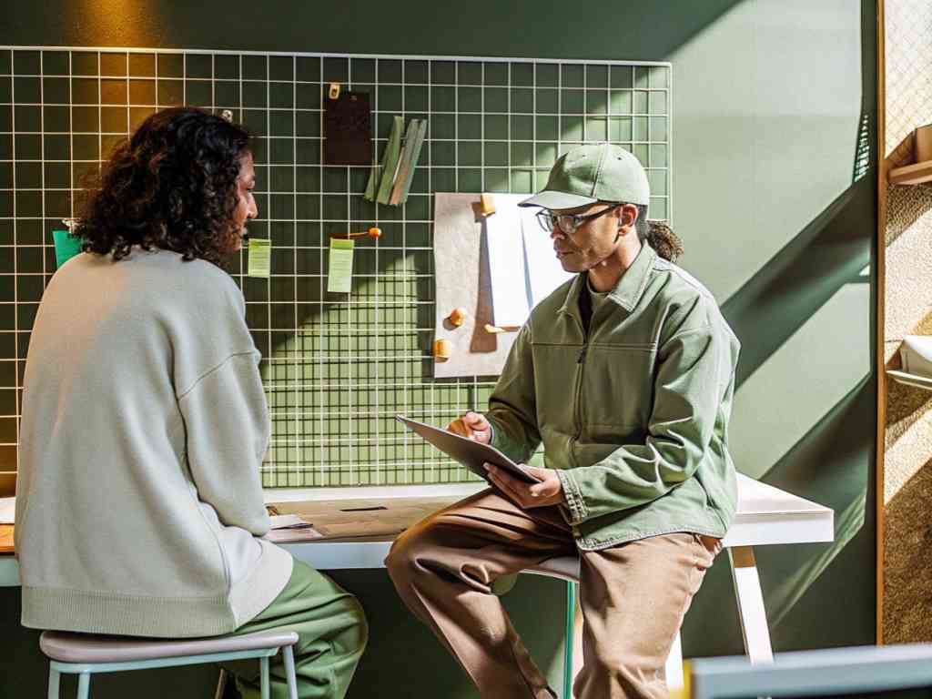 Two designers discussing ideas in a studio with fabric swatches