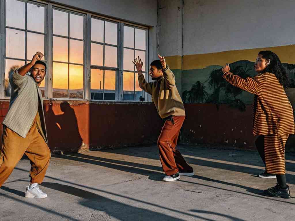 Three dancers posing in a room during golden hour