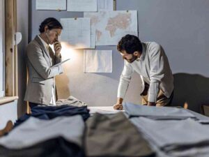 Two men reviewing documents in fashion workspace.