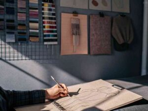 Designer sketching fashion illustration with fabric boards in background.