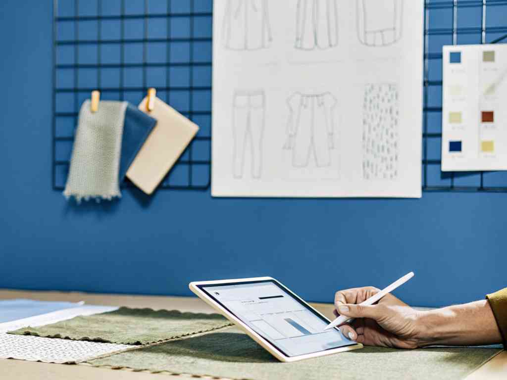 Person using tablet with fabric swatches and fashion sketches.