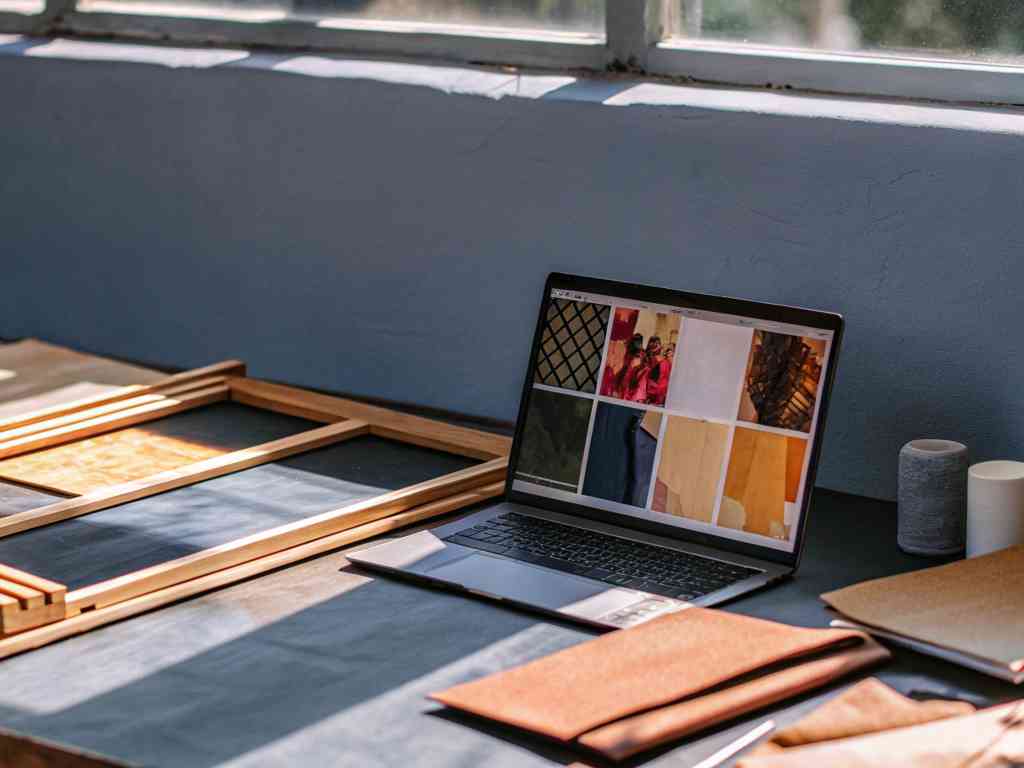 Laptop with fashion images open on desk beside fabric and wooden frames.