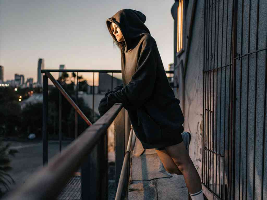Woman in dark hoodie at dusk overlooking city from rooftop
