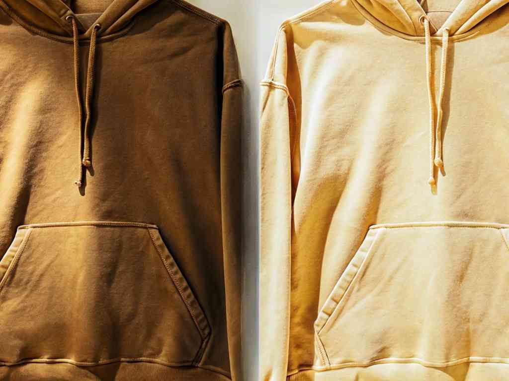 Two hoodies in warm brown and yellow tones
