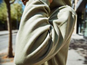 Olive green hoodie with leaf logo on sleeve