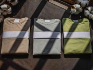 Three folded organic cotton t-shirts in earthy tones.