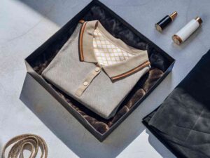 Beige polo shirt with pattern in gift box.