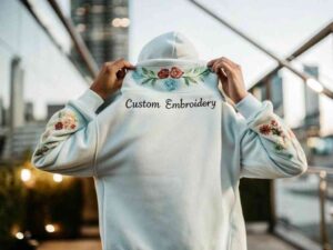 White hoodie with floral custom embroidery on back