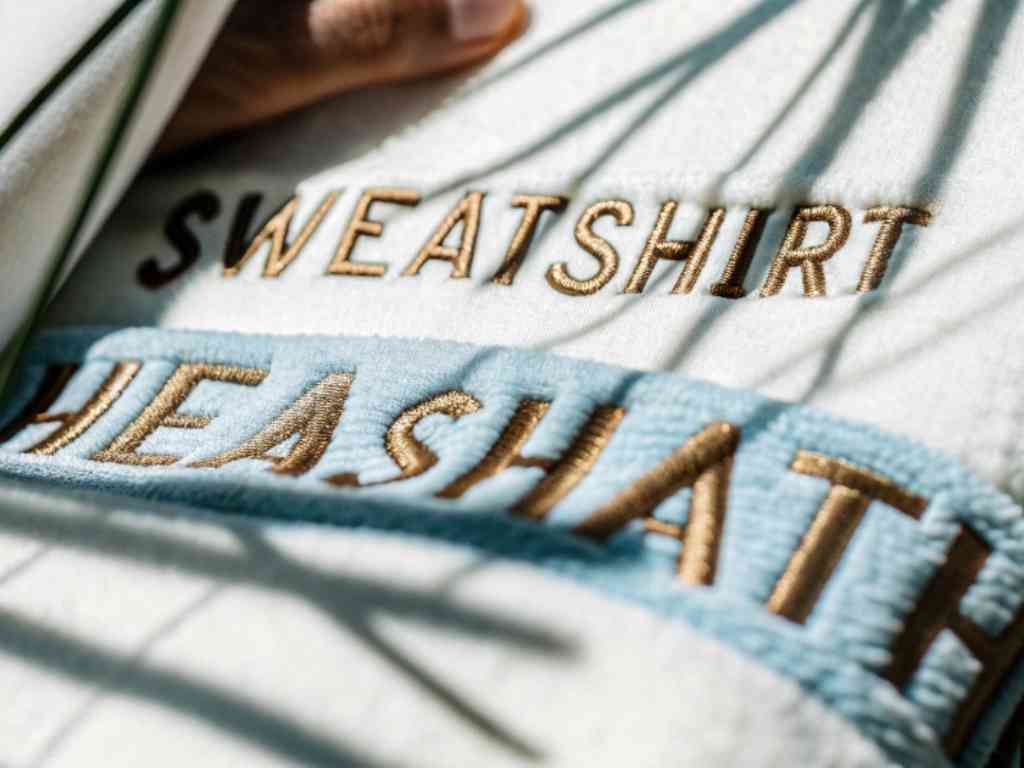 Embroidered "SWEATSHIRT" and decorative letters on cream fabric.