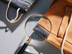 Close-up of hoodie fabrics with magnifying glass on stitching