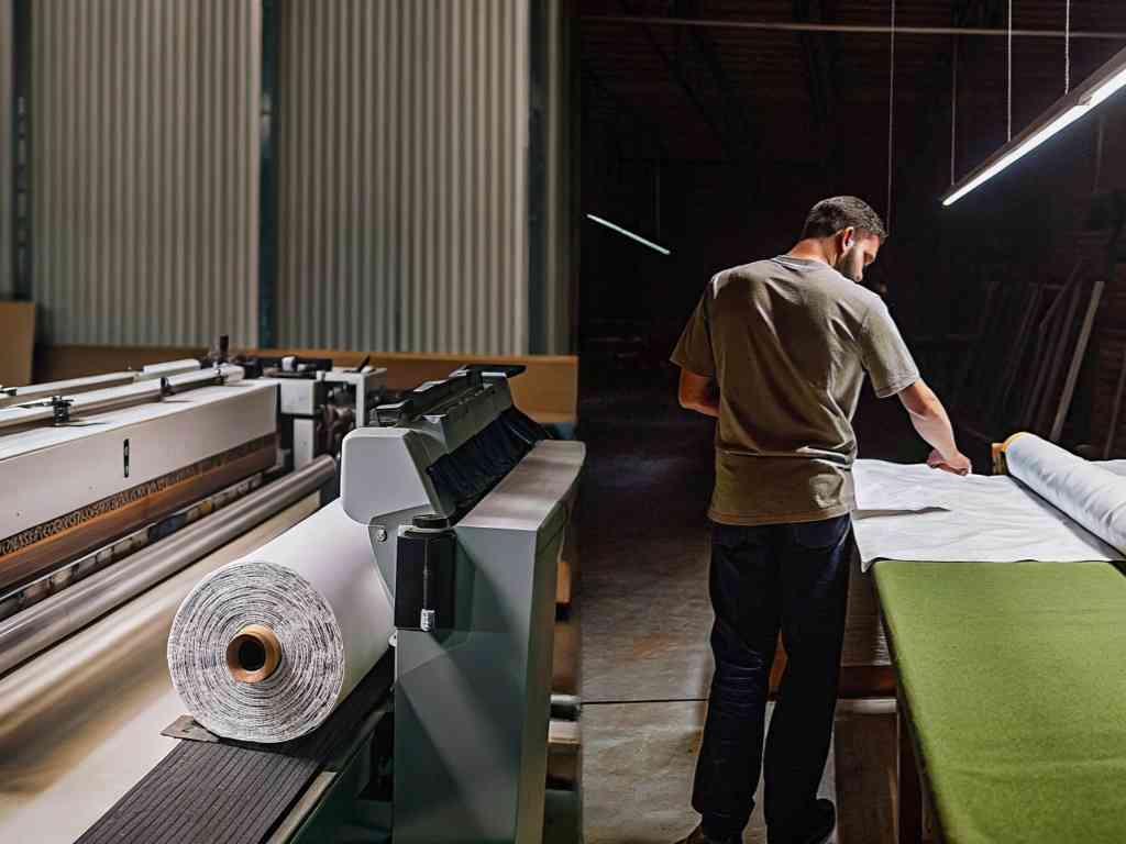 Man inspecting fabric under workshop lighting