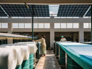 Workers handling teal fabric rolls beneath solar panels in a factory.