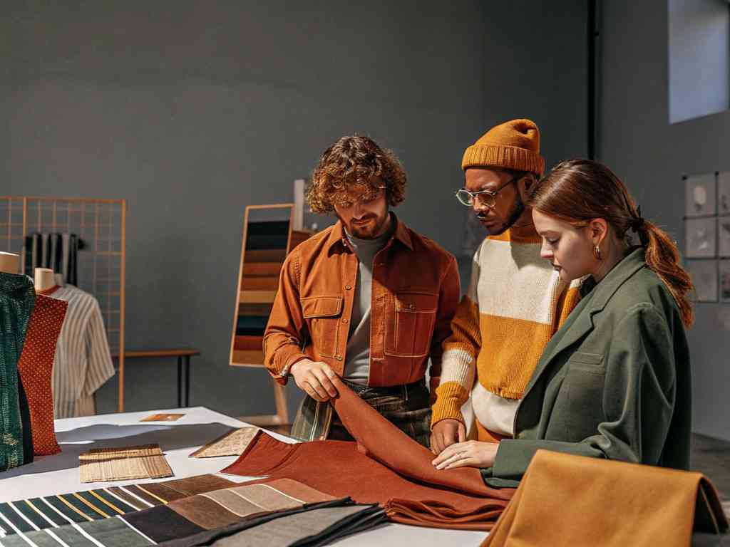 Designers examining fabric samples together