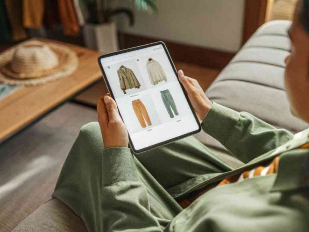 Woman viewing clothing items on tablet screen.