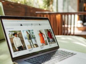 Laptop displaying fashion e-commerce website with stylish clothing options.