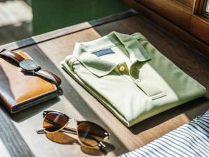 Light green polo shirt folded neatly with watch, wallet, sunglasses on wooden table.