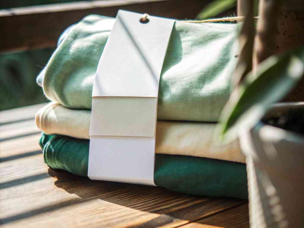 Stack of folded t-shirts in green shades with blank hang tag
