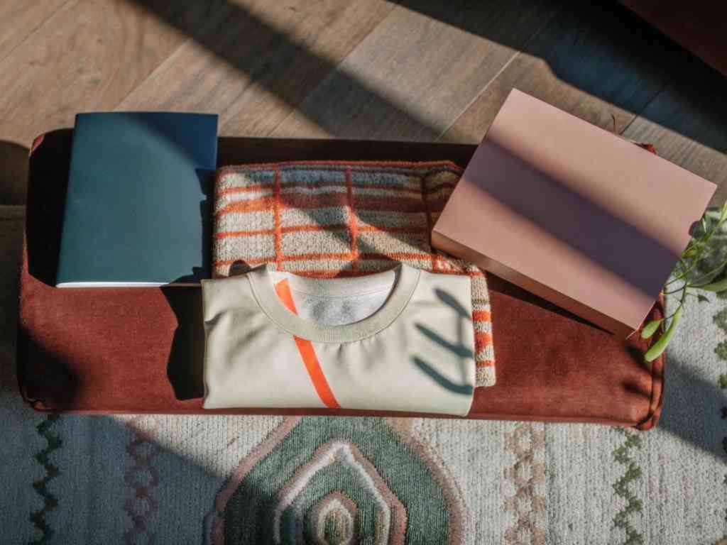 Folded t-shirt, sweater, and notebooks on a bench in sunlight