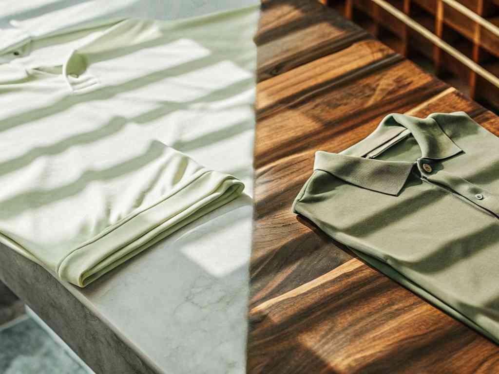 Folded polo shirts on contrasting wood and marble surfaces.