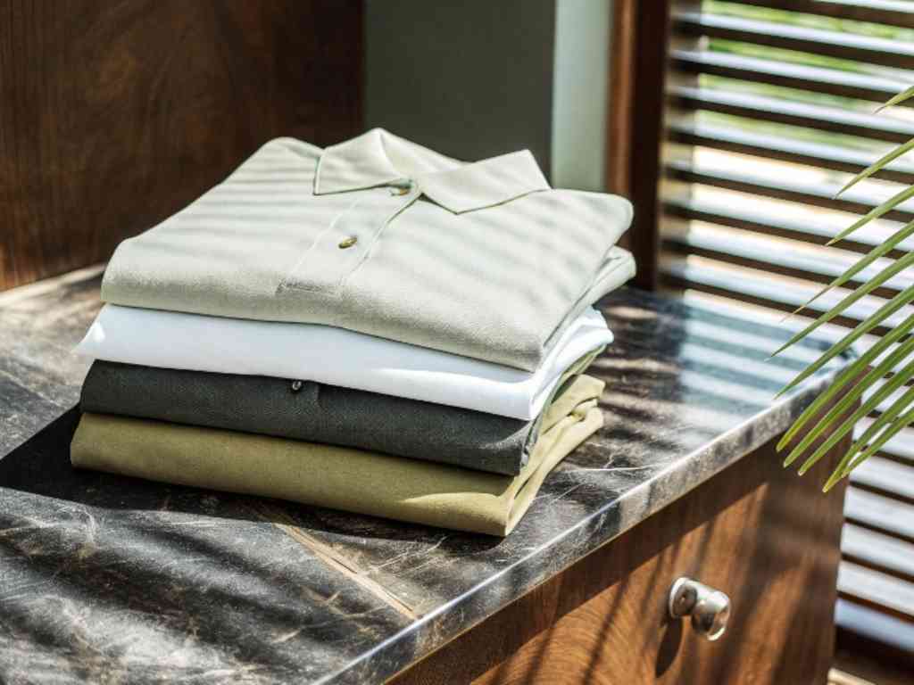 Folded green, white, and olive polo shirts in sunlight