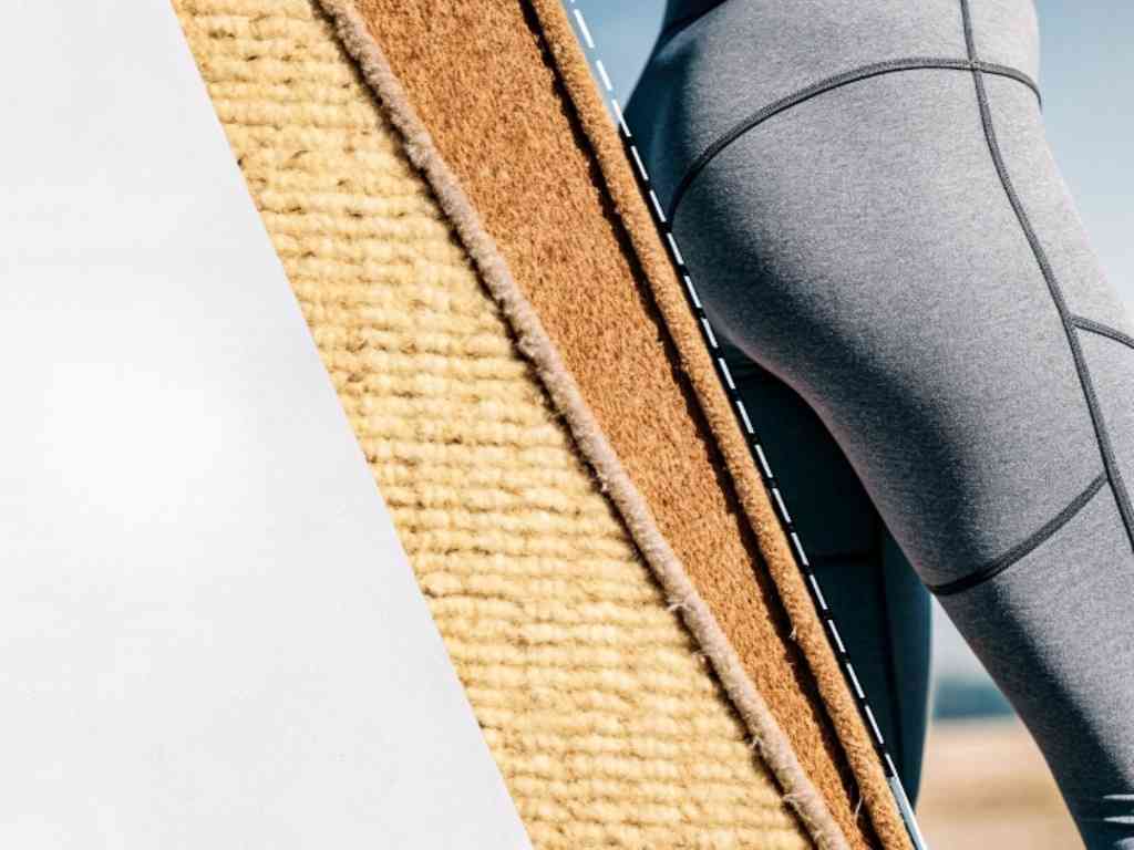 Close-up of gray leggings with contour stitching outdoors