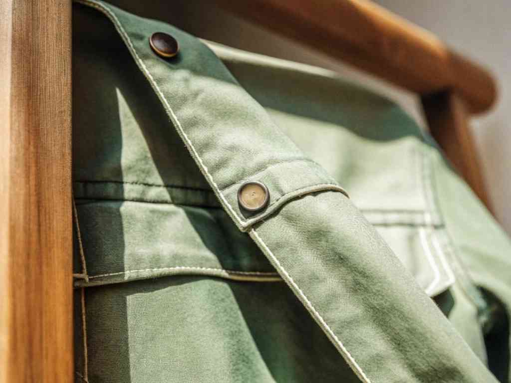 Green denim shirt hanging on wooden hanger.