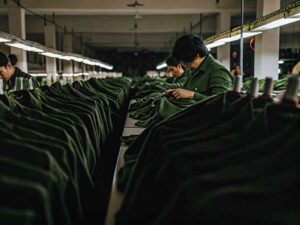 Workers inspecting green garments under lights in clothing production facility.