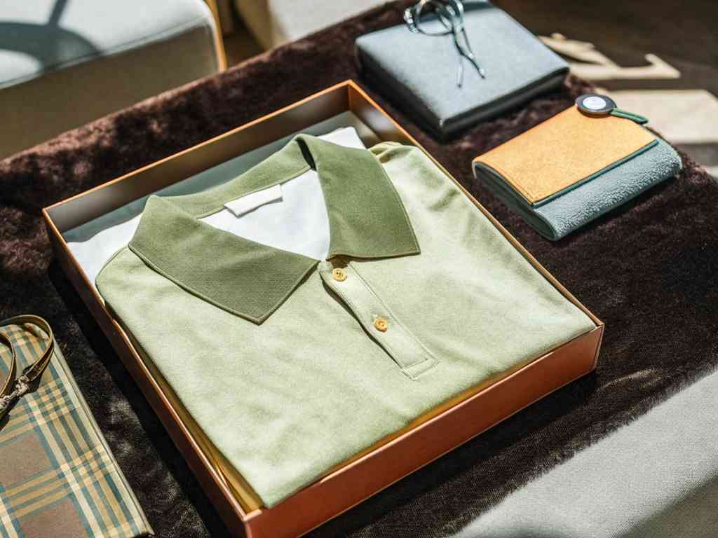 Folded green polo shirt in gift box.