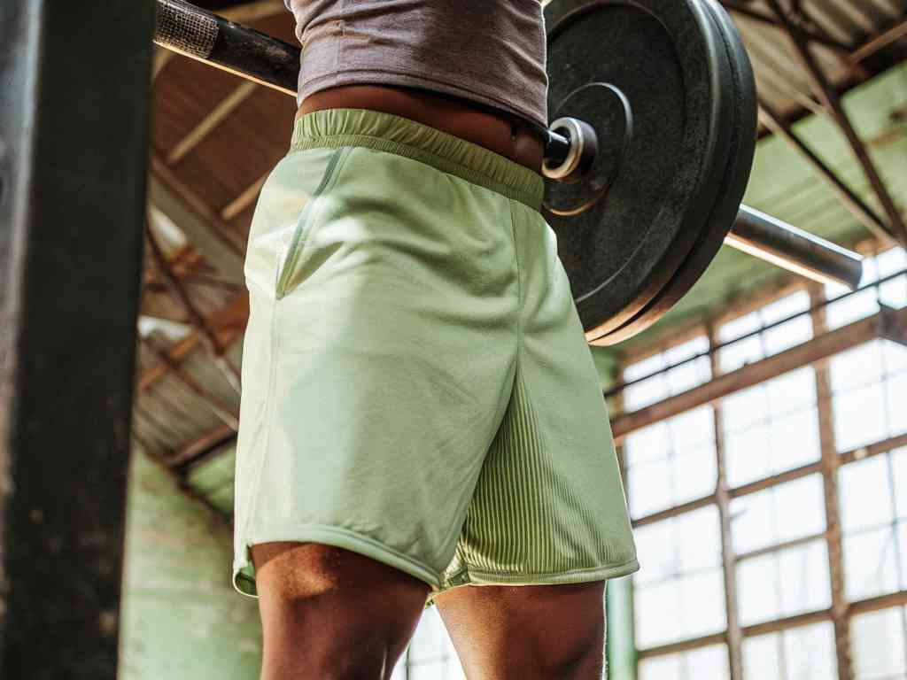 Person lifting weights in a gym wearing light green athletic shorts with ribbed side panels.