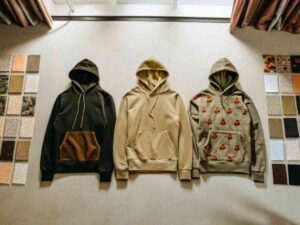 Three hoodies on display with fabric swatches around