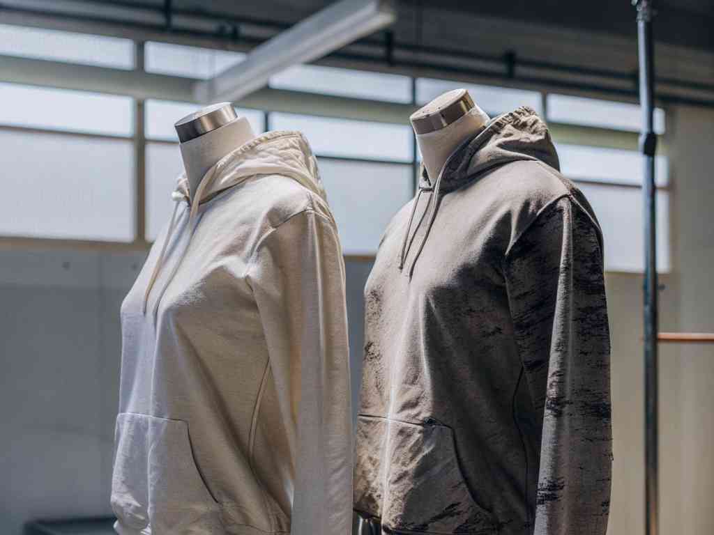 Two hoodies on mannequins in a sunlit room