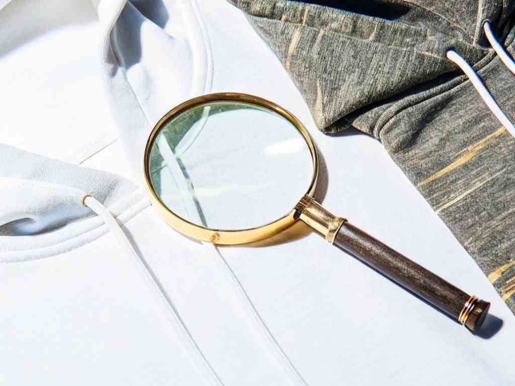 White and gray hoodies with magnifying glass for texture inspection