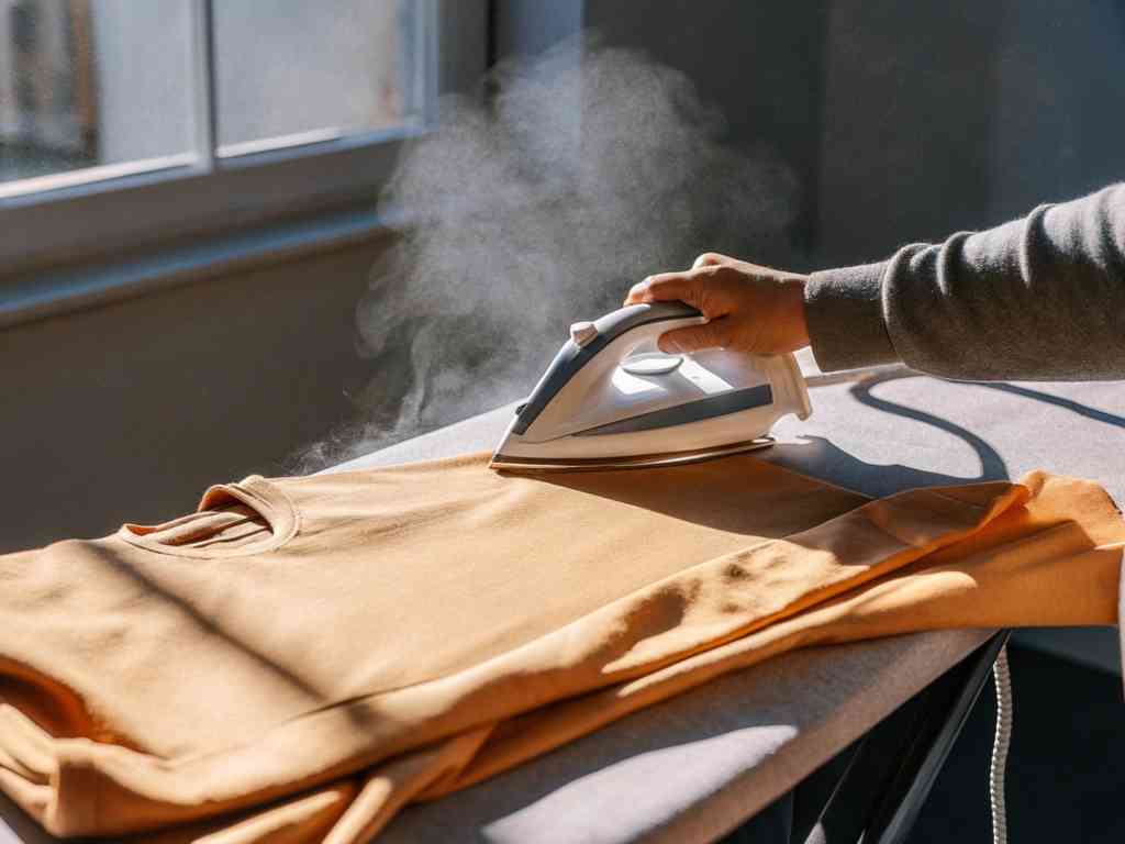 Steaming a folded sweatshirt on ironing board