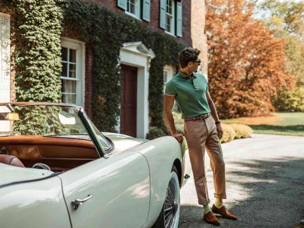 Man in green polo shirt and beige pants leaning on white convertible