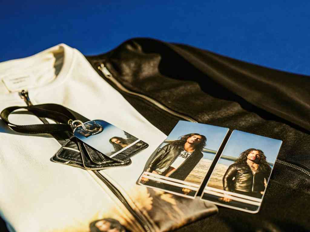 Black and white jacket with tags and fashion photos