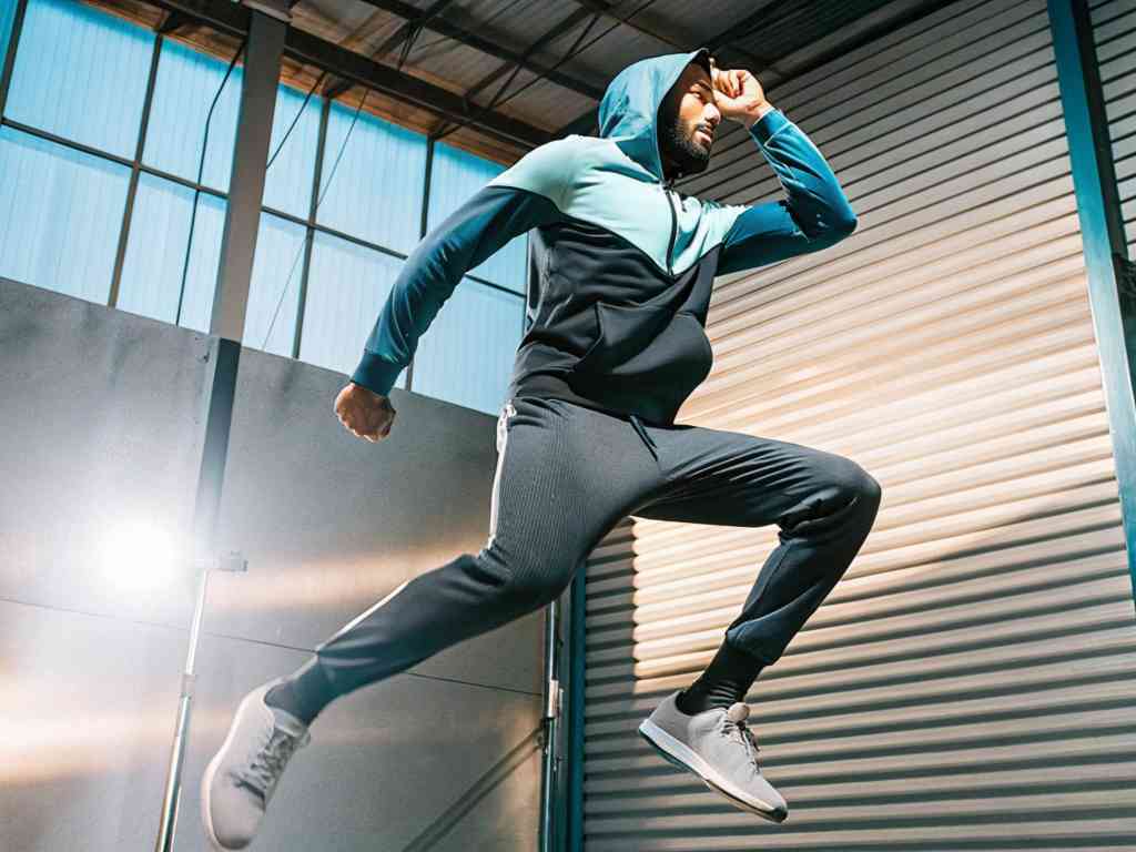 Man jumping in teal and black activewear