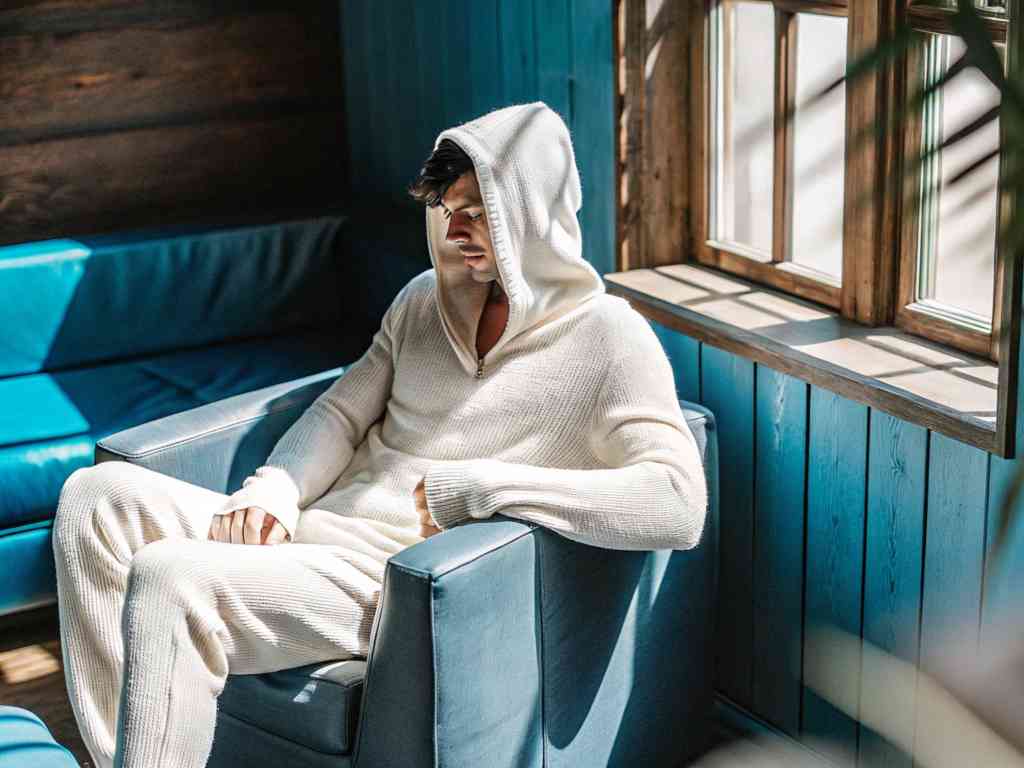 Man in knit hoodie resting by sunlit window