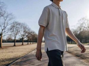 Man in cream polo shirt walking in park during golden hour