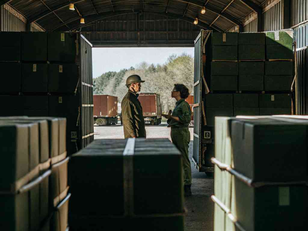 Workers discussing logistics at warehouse dock