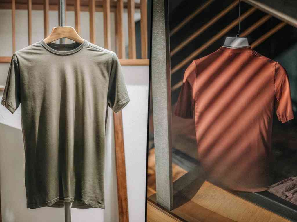 Olive and rust plain t-shirts on hangers in natural light