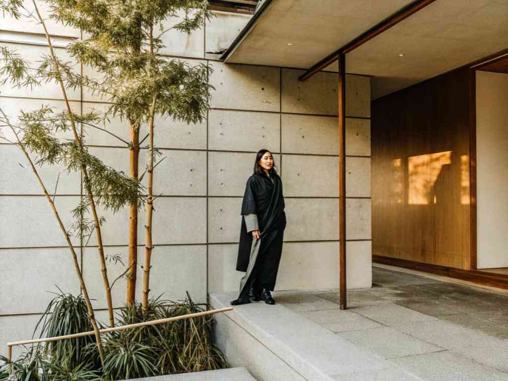 Woman in black outfit standing in modern architectural setting