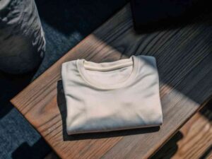 Single folded cream crew neck T-shirt on dark wood bench.