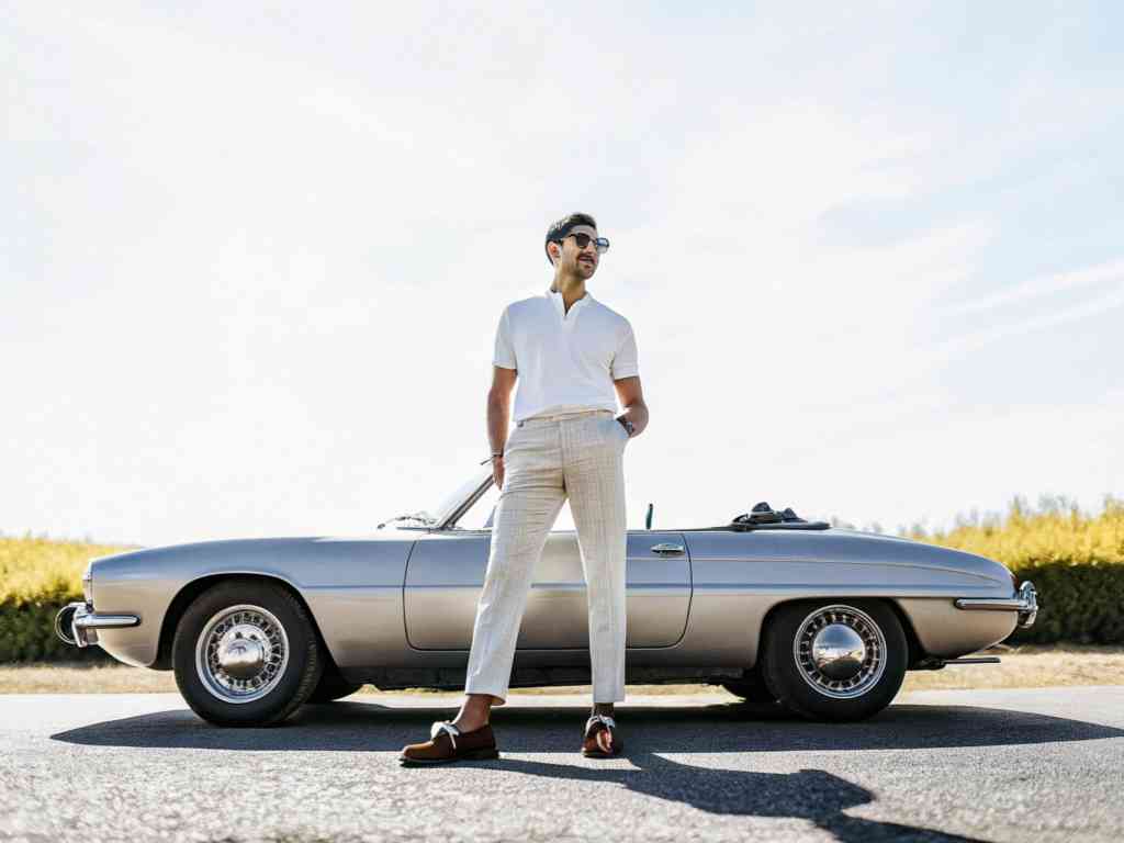Man in white polo and plaid pants standing by classic convertible